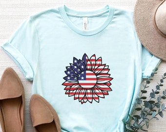 America Sunflower Shirt, Patriotic USA Flag Flower T Shirt, Gift for American, 4th Of July Graphic T-Shirt, 'Merica Shirt, Independence Day