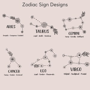 Puede incluir: Dise&ntilde;os de signos del zod&iacute;aco con elementos florales. Cada signo se representa con una constelaci&oacute;n de flores y una breve descripci&oacute;n de sus rasgos de personalidad. Los signos incluyen Aries, Tauro, G&eacute;minis, C&aacute;ncer, Leo y Virgo.