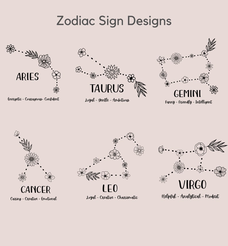 Puede incluir: Dise&ntilde;os de signos del zod&iacute;aco con elementos florales. Cada signo se representa con una constelaci&oacute;n de flores y una breve descripci&oacute;n de sus rasgos de personalidad. Los signos incluyen Aries, Tauro, G&eacute;minis, C&aacute;ncer, Leo y Virgo.