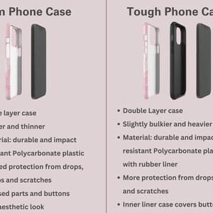 May include: Two phone cases, one slim and one tough, are shown side-by-side. The slim case is single layer and made of polycarbonate plastic. The tough case is double layer and has a rubber liner. Both cases are shown in a light pink marble design.