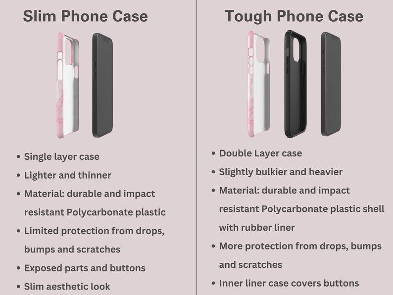 May include: Two phone cases, one slim and one tough, are shown side-by-side. The slim case is single layer and made of polycarbonate plastic. The tough case is double layer and has a rubber liner. Both cases are shown in a light pink marble design.