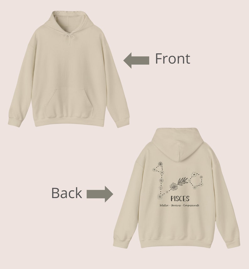 Puede incluir: Una sudadera con capucha de color crema con un bolsillo en la parte delantera y un dise&ntilde;o de constelaci&oacute;n zodiacal de Piscis en la parte posterior. El dise&ntilde;o incluye las palabras "Piscis", "Intuitivo", "So&ntilde;ador" y "Compasivo".