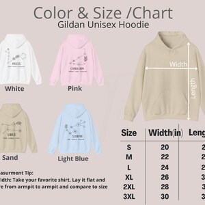 Puede incluir: Tabla de tallas para una sudadera con capucha unisex Gildan en blanco, rosa, arena y azul claro. La tabla muestra el ancho y la longitud en pulgadas para las tallas S, M, L, XL, 2XL y 3XL.