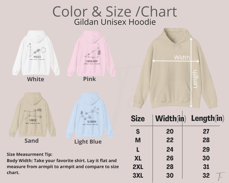 Puede incluir: Tabla de tallas para una sudadera con capucha unisex Gildan en blanco, rosa, arena y azul claro. La tabla muestra el ancho y la longitud en pulgadas para las tallas S, M, L, XL, 2XL y 3XL.