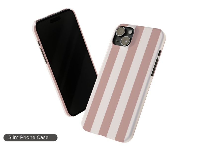 May include: A pink and white striped phone case with a camera cutout. The case is designed to fit a smartphone with a triple lens camera system.