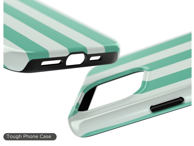 May include: A tough phone case with a white and teal striped design. The case is made of durable plastic and has a raised lip to protect the screen.