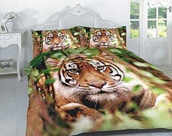 Wildlife 3D Duvet Cover, Polycotton Bedding Sets, Breathable Jungle Animal Soft Quilt Bedding With Pillowcases Luxury Tiger Duvet