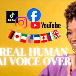May include: A woman wearing headphones smiles, with social media icons and flags of various countries in the background. Text reads "REAL HUMAN AI VOICE OVER". The image has a yellow background.