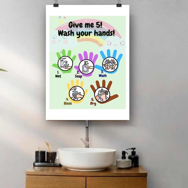 Give Me 5! Kids Poster,steps in washing hands for children,Covid Classroom School Health Poster,Covid Wash Hands Steps,Avoid Spread Virus