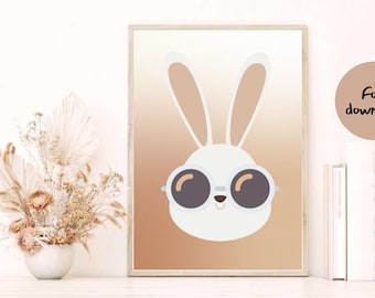 Bunny Wall Art Cool Boho Style,Kids and Nursery Room Cute Bunny,Neutral Boho-chic inspired Bunny Wall Art Printables,For girls room wall art
