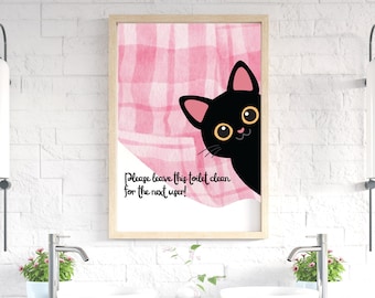 Funny Black Cat Bathroom Poster: Toilet Etiquette Meme (Digital Download)