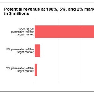 May include: A bar graph illustrating potential revenue at different market penetration levels. The graph shows revenue in millions of dollars, with bars representing 100%, 5%, and 2% market penetration of the target market. The text in the image reads: Potential revenue at 100%, 5%, and 2% market penetration of the TAM, in $ millions.