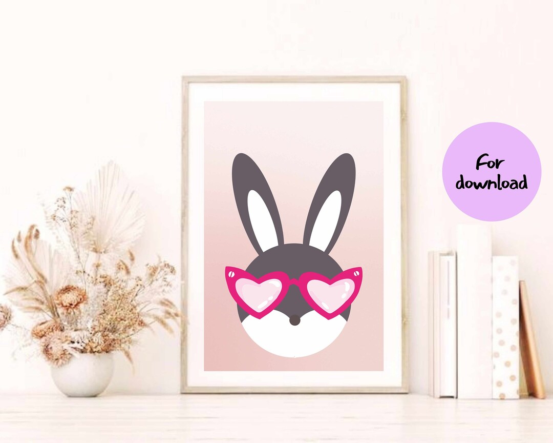 Summer Pink Bunny Wall Art,kids and Nursery Room Cute Bunny,neutral