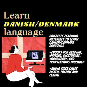 May include: An illustration promoting Danish language learning. A person wearing headphones sits before a computer displaying "TAK TAK", with the Danish flag behind them. Text includes "Learn Danish/Denmark language" and learning materials.