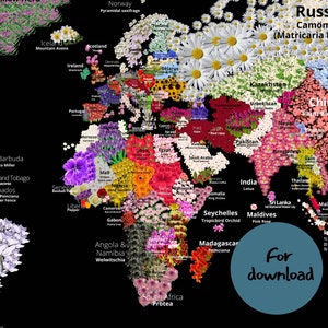 Mappa del mondo Flower Collage, Mappa del mondo dei fiori nazionali, Mappa del mondo Design dei fiori, Mappa del mondo stampabile fatta di collage di fiori nazionali