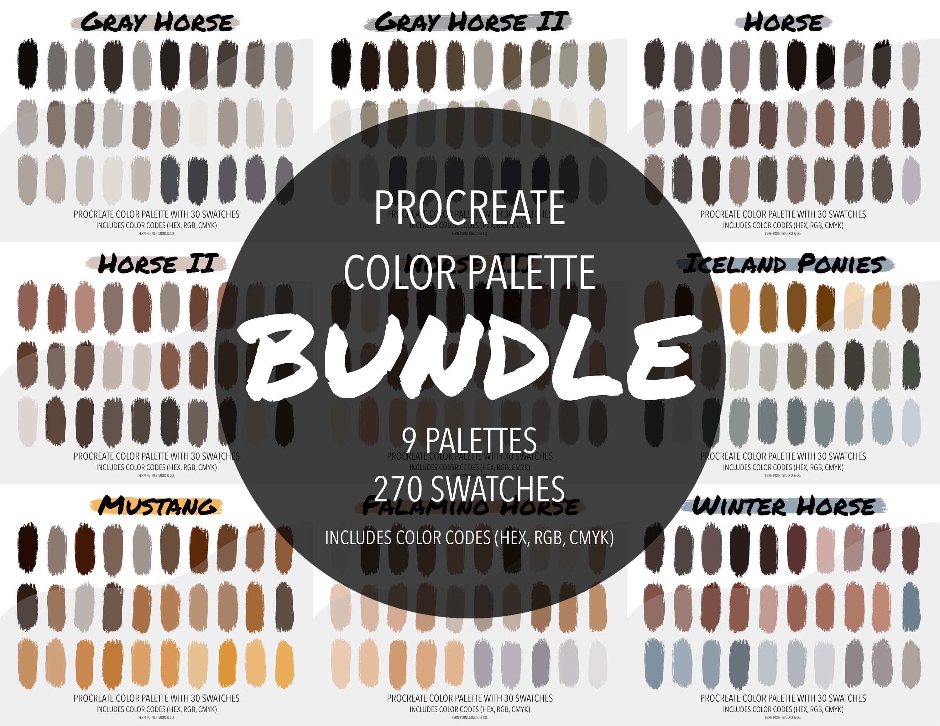 Procreate Color Palette Bundle | 9 Palettes | Horses | Instant Download | Digital File | Color Swatches | Color Codes HEX RGB CMYK | iPad