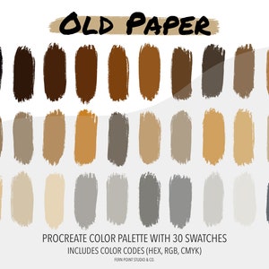 Puede incluir: Una paleta de colores digital para Procreate con 30 muestras de colores marrones, beige y grises. La paleta se titula "Old Paper" e incluye códigos de colores en hexadecimal, RGB y CMYK.