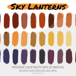 Könnte beinhalten: Eine digitale Farbpalette für Procreate mit 30 Farbfeldern in Orange-, Gelb-, Braun- und Violetttönen. Die Palette trägt den Titel "Sky Lanterns" und enthält Farbcodes in Hex, RGB und CMYK.