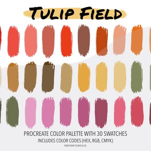 Puede incluir: Una paleta de colores digital con 30 muestras inspiradas en un campo de tulipanes. La paleta incluye tonos de rojo, naranja, amarillo, verde, marrón y rosa. El texto "TULIP FIELD" está en la parte superior de la imagen. El texto "PROCREATE COLOR PALETTE WITH 30 SWATCHES" e "INCLUDES COLOR CODES (HEX, RGB, CMYK)" está en la parte inferior de la imagen.