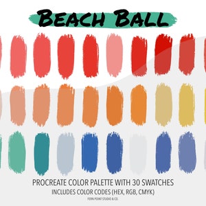 May include: A digital colour palette with 30 swatches inspired by a beach ball. The palette includes shades of red, orange, yellow, green, blue, and grey. The text "BEACH BALL" is written in black at the top of the image. The text "PROCREATE COLOUR PALETTE WITH 30 SWATCHES" is written in black at the bottom of the image. The text "INCLUDES COLOUR CODES (HEX, RGB, CMYK)" is written in black below the previous text. The text "FERN POINT STUDIO & CO." is written in black below the previous text.