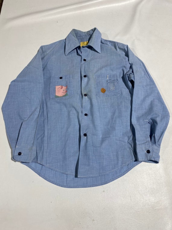 60's 70's Vintage Sears Chambray hand drawn Sz Med