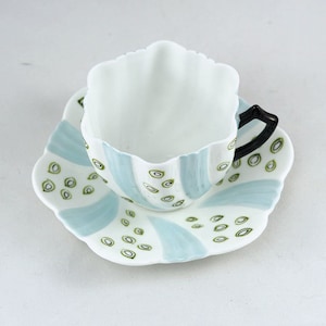 Art Deco Phoenix Bone China England Black Handled Tea Cup and Saucer Blue White TF&S