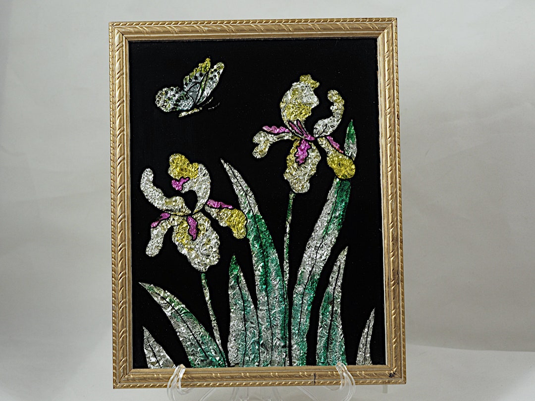 Beautiful Vintage Foil Art of Iris Flowers and a Butterfly Etsy Canada