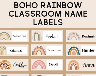 Earthy Boho Rainbow Student Desk Plates | Classroom Name | Decor | Plates | Editable Desk Tags | Class Labels | EDITABLE | DIGITAL DOWNLOAD