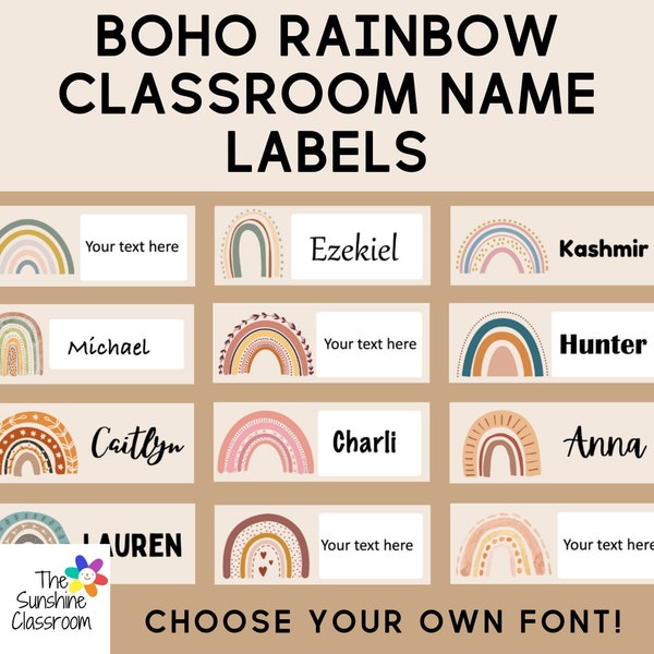 Earthy Boho Rainbow Student Desk Plates | Classroom Name | Decor | Plates | Editable Desk Tags | Class Labels | EDITABLE | DIGITAL DOWNLOAD