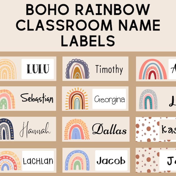 Earthy Boho Rainbow Student Desk Plates | Classroom Name | Decor | Bright Sunshine | Desk Tags | Class Labels | EDITABLE | DIGITAL DOWNLOAD