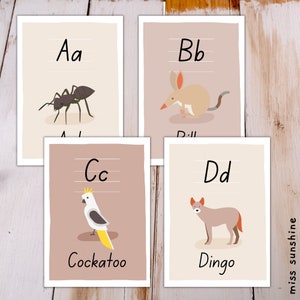 Cartões de alfabeto ABC para aprender letras, animais nativos australianos, tapetes de massinha, pré-escola, criança, crianças, educacional, digital, divertido, boho, impressão