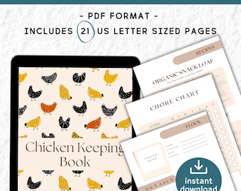 May include: Printable digital planner for chicken keeping. The cover features a colorful pattern of chickens on a cream background. The text "Chicken Keeping Book" is displayed on the cover. The planner includes 21 pages with checklists, charts, and recipes for keeping chickens.