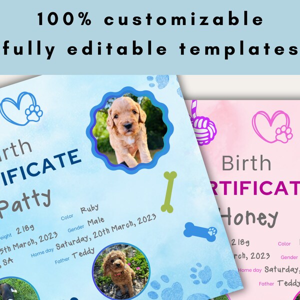 PUPPY BIRTH CERTIFICATE Dog Whelping Editable Printable Pet Adoption Digital Template Customizable Paws Owner Breeder Forms Data Family Home