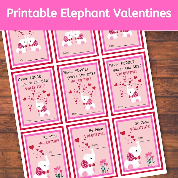 Printable Elephant Valentines for Kids