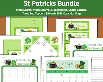 Printable St Patricks Day Bundle including: Word Search, Word Scramble, Cootie Catcher, Treat Bag Toppers, Bookmarks and March Calendar Page