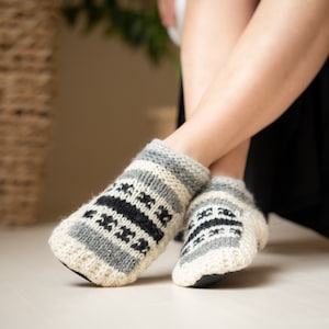 Adult booties |  Pure Wool Hand Knitted Socks with Non Slip Sole| Warm House Shoes | Winter Slipper boots.