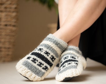 Adult booties |  Pure Wool Hand Knitted Socks with Non Slip Sole| Warm House Shoes | Winter Slipper boots.