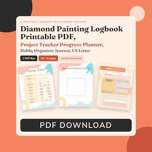 Könnte beinhalten: Ein druckbares Diamond Painting Logbuch als PDF mit Projekt-Tracker und Hobby-Organizer. Das Dokument enthält Seiten mit den Titeln Painting Details, Diamond Painting Logbook und Daily Activity im US-Letter-Format.