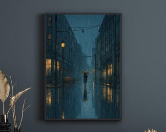 Impresión de una calle lluviosa nocturna: Arte de paisaje urbano melancólico (Descarga digital)