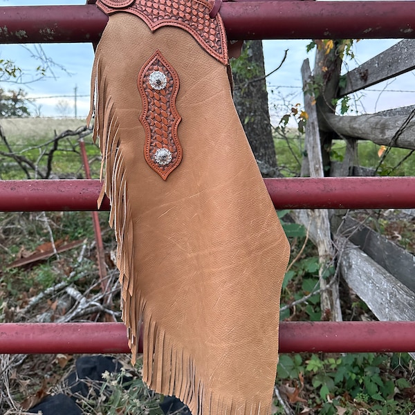 Child's Cowboy / Cowgirl Western Large-Slim Chinks/Chaps Light Brown with Basket Stamped Yokes