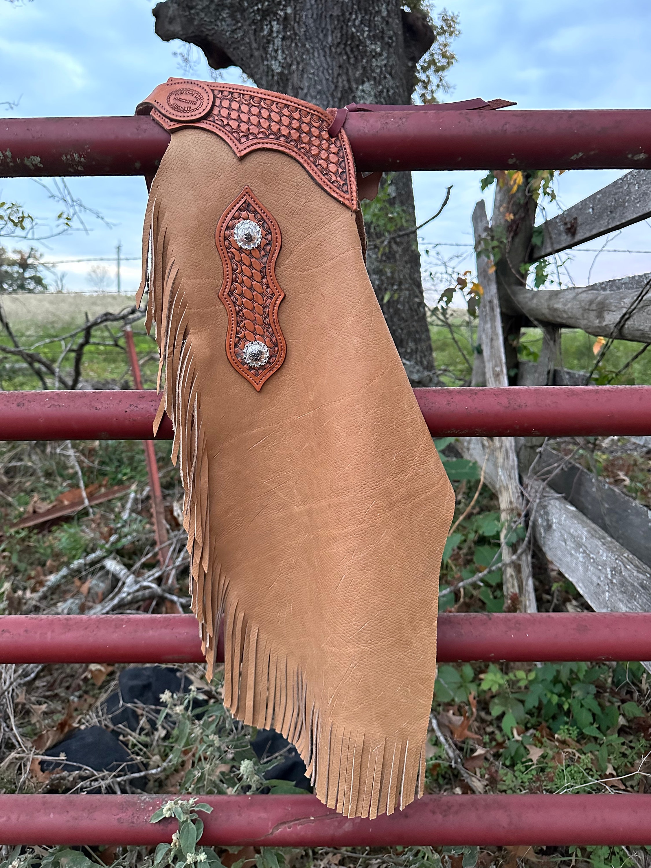 Child's Cowboy / Cowgirl Western Large-Slim Chinks/Chaps Light Brown with Basket Stamped Yokes