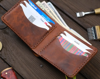 Personalized Leather Bifold Wallet, Handmade Brown Cardholder