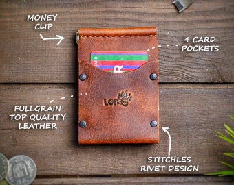 May include: A brown leather wallet with a money clip, four card pockets, and a stitched rivet design. The wallet has the word "Lorso" embossed on the front.