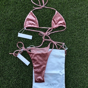May include: A dusty rose velvet bikini set with a triangle top and a high-cut bottom. The bikini is laid out on a green grassy surface with a white drawstring bag and a white tag that says "OCEANS GALLERY SWIM".