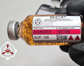 May include: A small glass vial filled with an amber liquid containing suspended particles. The label reads SCP SECURE, CONTAIN, PROTECT, CONFIDENTIAL, RISK CLASS: DANGER, CONTAINMENT CLASS: KETER, and SCP: 129, featuring a circular logo and biohazard symbols.