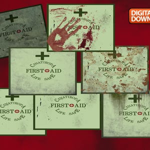 Peut inclure: Plusieurs impressions d'art numérique de style vieilli affichant les mots "CINATIROPA FIRST AID LIFE SAFE" avec un symbole de croix. Certaines impressions présentent des empreintes de mains sanglantes et des textures vieillies. Sur fond rouge.