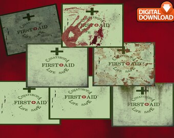 First Aid Label Pack Green | Clean, Worn, Rusty, Bloodstained | Cosplay and Prop Decoration | Digital Download