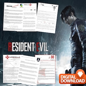 May include: A digital download graphic featuring the Resident Evil logo, a character in a dark jacket, and several documents with text and the Umbrella Corporation logo. The documents are labelled "Top Secret" and "Tricell". A digital download button is in the lower right corner.