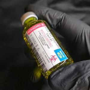 May include: A small glass vial filled with yellow liquid, labelled "BIOHAZARD" and "INFECTIOUS SUBSTANCE." The label also reads "MOLE RAT DISEASE" and "Vault 81." The vial is held by a gloved hand, with a black background.