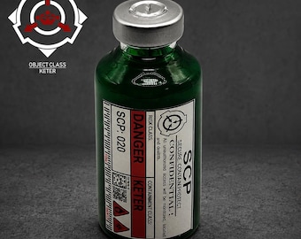 May include: A green glass vial with a silver metal cap featuring a white label with black and red text. The label reads SCP, SECURE, CONTAIN, PROTECT, CONFIDENTIAL, DANGER, KETER, and SCP: 020, along with a barcode, QR code, and hazard symbols.